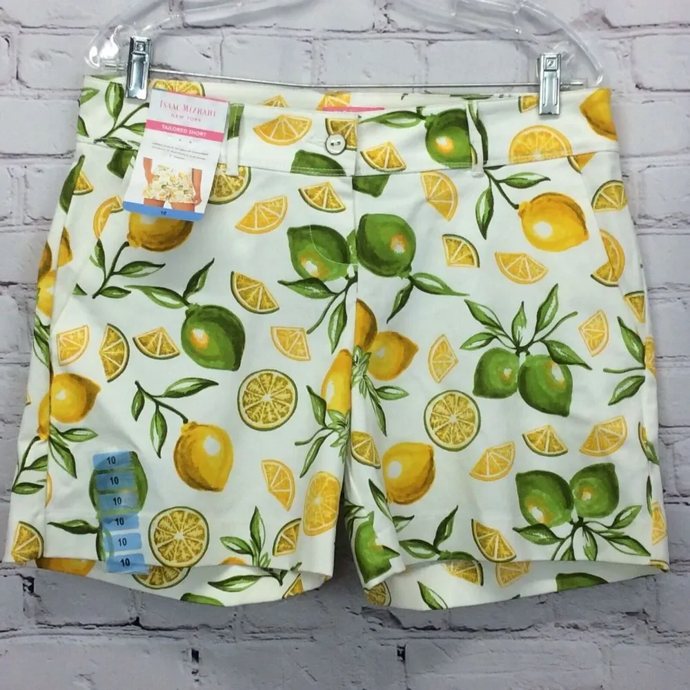 Isaac Mizrahi Tailored Shorts Women Sz 10 Lemon Lime Print Chino Flat Front NWT